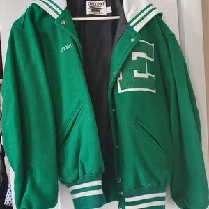 Green Varsity Jacket with White Lettering